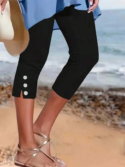 Women's Casual Elastic 7/8 Capri Pants, Drawstring Waist Skinny Leggings, Stretchy Waist Relaxed Pants, Spring/Summer