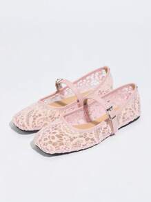 Women's Pink Flat Ballet Flats With Floral Embroidery, Breathable Hollow Mesh Open Toe Summer Shoes, Wide Fit Mary Jane Shoes