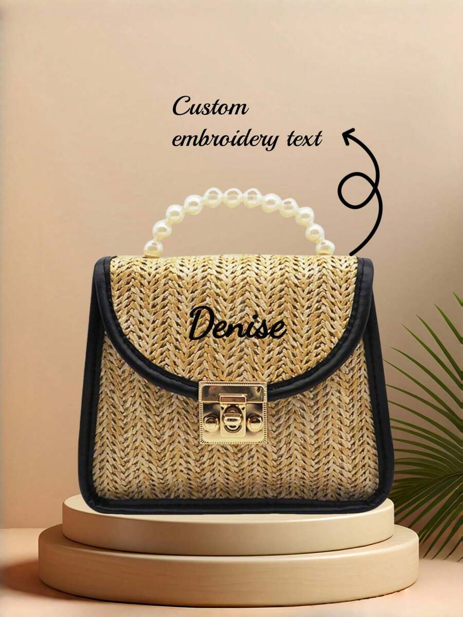 Personalized Embroidered Straw Shoulder Bag, Handmade Woven Crossbody Bag, Summer Beach, Bride Honeymoon Gift - Black - View 1