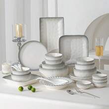 French Style Porcelain Dinnerware Set, Includes Rice Bowl, Dinner Plate, Spoon, Soup Bowl, Chopsticks, 7 Piece Combo Options, Suitable For Serving Rice, Vegetables, Fruit, Salad, Etc. Fits 2-6 People,School Supplies