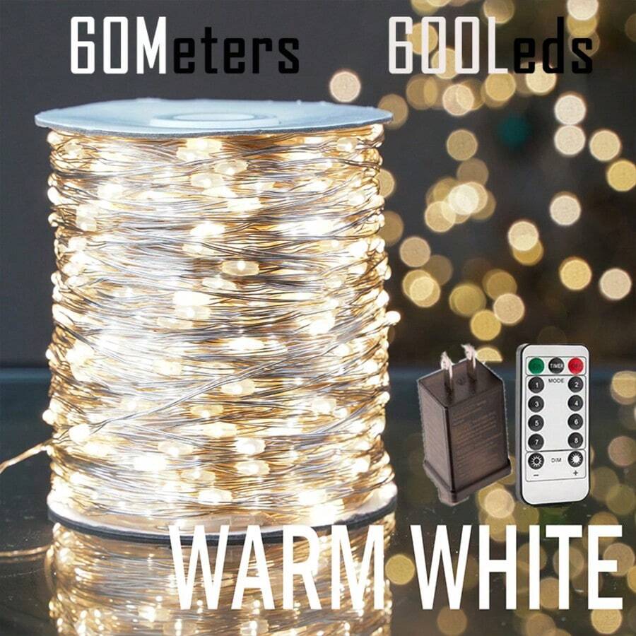 Outdoor Waterproof 60M Silver LED String Lights With 8 Modes Remote - Ideal For Christmas, Wedding, New Year, Garden & Patio Decoration Festival Lighting