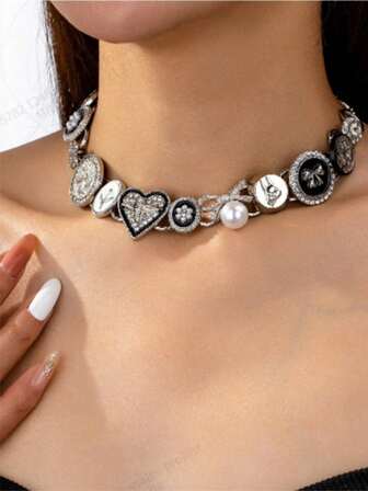 1 st nytt mode europeiskt och amerikanskt elegant minimalistiskt emaljinlagt strass hjärta och rosettdesign hänge halsband, delikat nyckelbenskedja, mångsidigt halsbandssmycke för kvinnor
