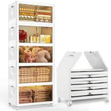 OYAJIA 4/5 Schichten Klappbar Kleiderschrank Montieren Lager Regal Organizer mit Rollen, 172L/215L Boxen Aufbewahrung, Stapelboxen Kunststoff, 50x31,5x112.5cm/50x31,5x138.5cm, Weiß