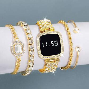 4 Pcs Women Watch Set Ladies Gold Digital LED Watch FREE Bracelet,Gift Daily Decoration Holiday