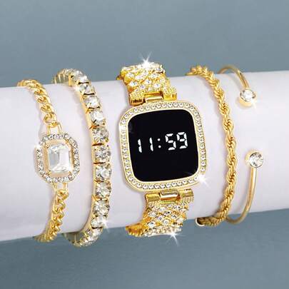 4 st Damklocka Set Dam Guld Digital LED Watch GRATIS armband, present Daglig dekoration Holiday
