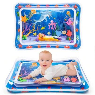 1pc 26.9 X 19.6 Inch Inflatable Baby Dolphin Crawling Mat, Water Play Mat, Baby Toy, Thick Crawling Pad, Ocean Water Mat, Water Spray Mat, Activity Game Mat, Holiday Gift, Water Mat (Floating Objects Random Color)