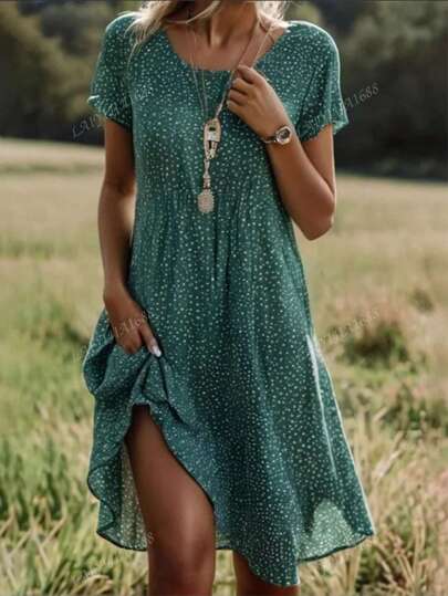 Women's Fashion Casual Elegant Holiday Round Neck Short Sleeve Dress