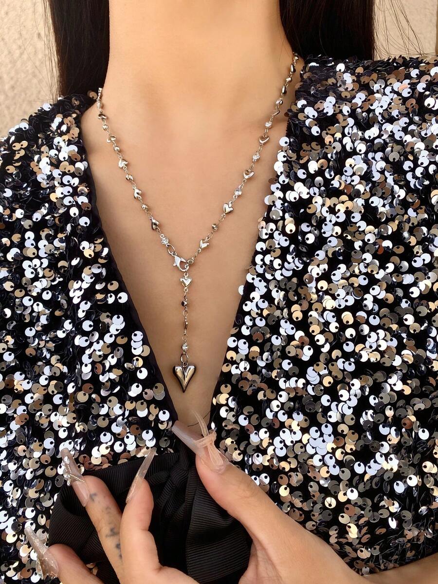 1pc Solid Silver Heart Shaped Pendant Necklace With Rhinestones, Bling Bling Accessory For Daily Wear, Date, Party, Holiday, Deep V Neck, Anniversary, Birthday Gift, Bohemian Style, Elegant, Minimalist, Fashionable, Sexy, Cute - Silver - View 1