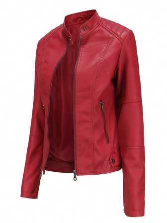 Women's Slim Fit Leather Jacket, Thin Spring & Autumn Motorcycle Coat, Women's Faux Leather Stand Collar Jacket