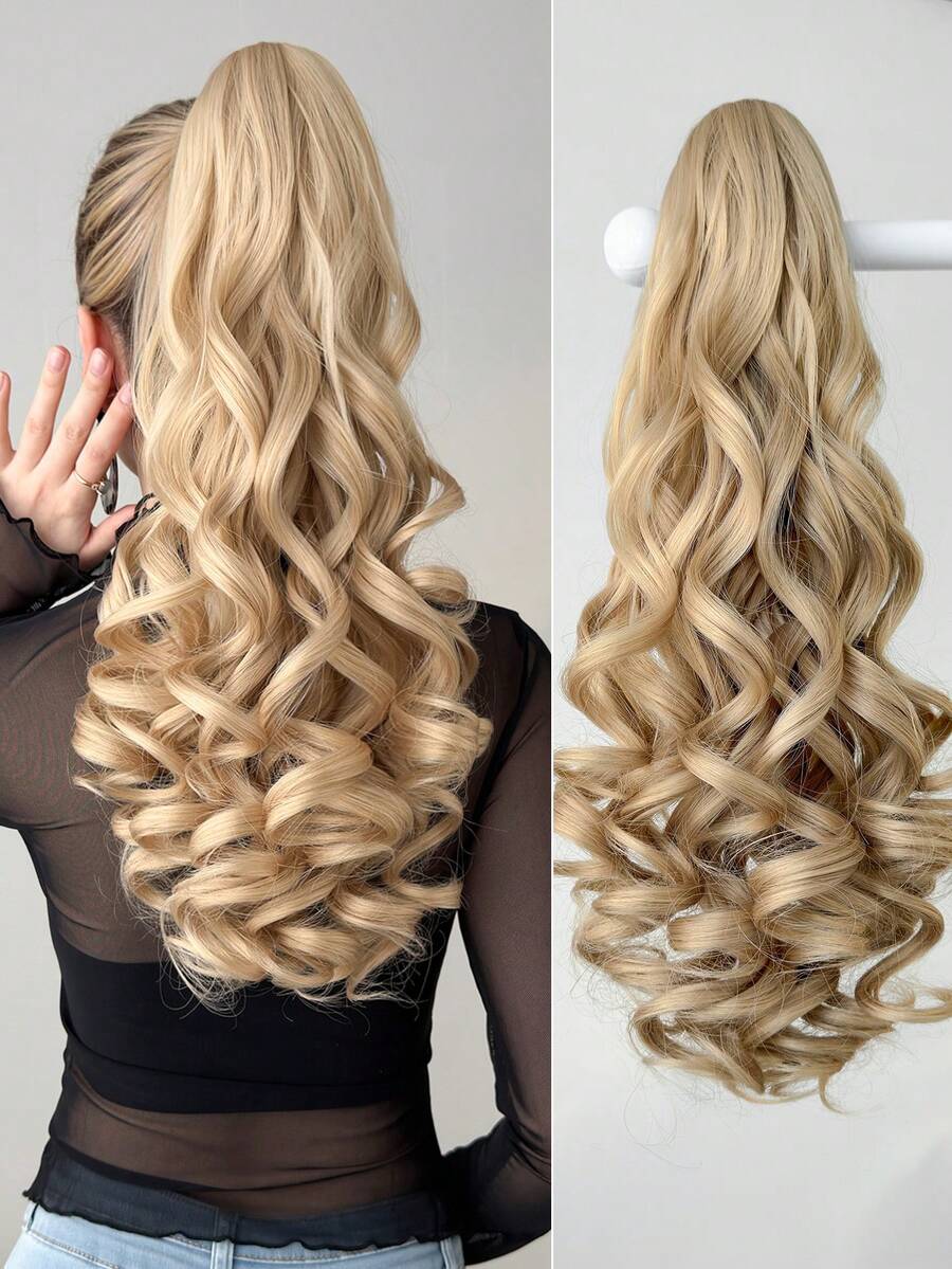 Extensión de cabello de cola de caballo de 22 pulgadas con ondas naturales doradas, suave y natural, fibra sintética resistente al calor, adecuada para uso diario de mujeres