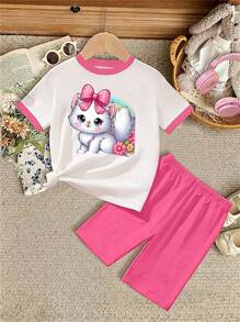 Conjunto de 2 piezas de camiseta de cuello redondo de manga corta y shorts ajustados en color rosa, adecuado para primavera y verano