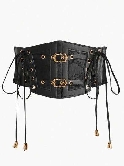 1 件女式深色朋克风格 PU 皮革弹性抽绳腰带，适合万圣节晚会、聚会或日常穿着