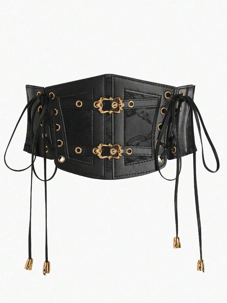 1 件女式深色朋克风格 PU 皮革弹性抽绳腰带，适合万圣节晚会、聚会或日常穿着