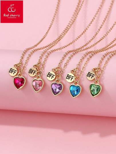 5pcs Colorful Heart-Shaped Rhinestone Zinc Alloy Pendant Necklace Set For Girls, With BFF Circle Pendants, Suitable For Daily Wear With Friends