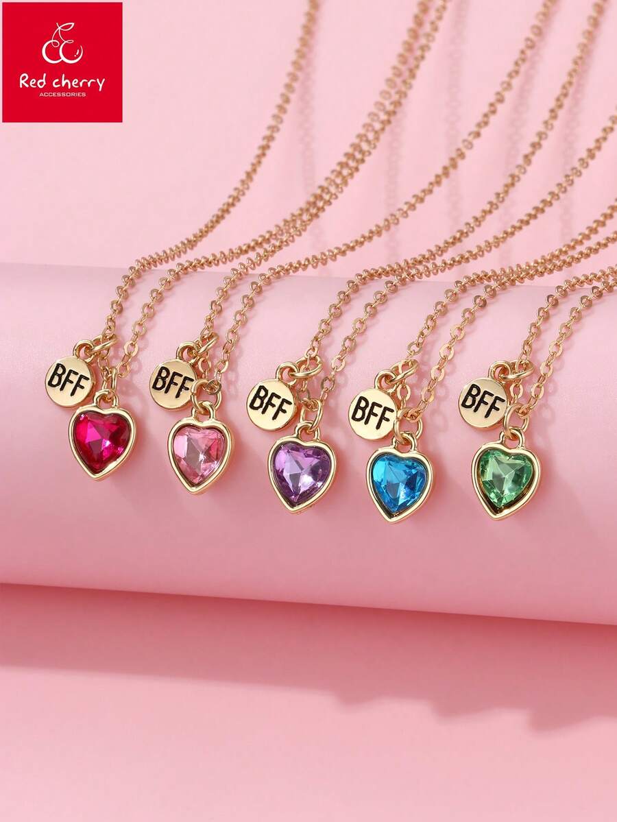 5 件彩色心形水钻锌合金吊坠项链套装，适合女孩，带 BFF 圆形吊坠，适合与朋友日常佩戴 - 彩色 - 查看 1
