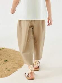 mini bala 女童长裤子柔软亲肤透气高腰宽松萝卜裤夏季 - 卡其 - 查看 3