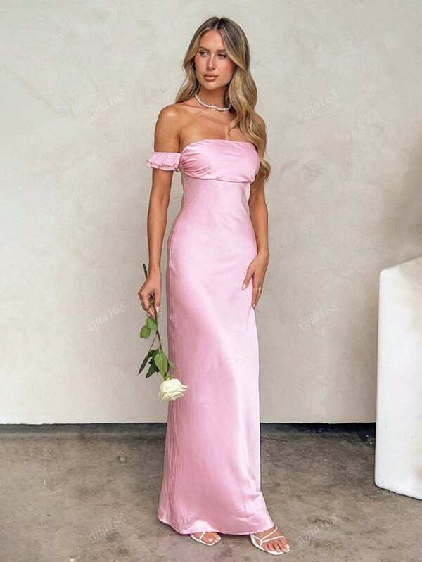 Elegant Sexy Satin Strapless Off Shoulder Ruffle-Trimmed Waisted Party Maxi Dress