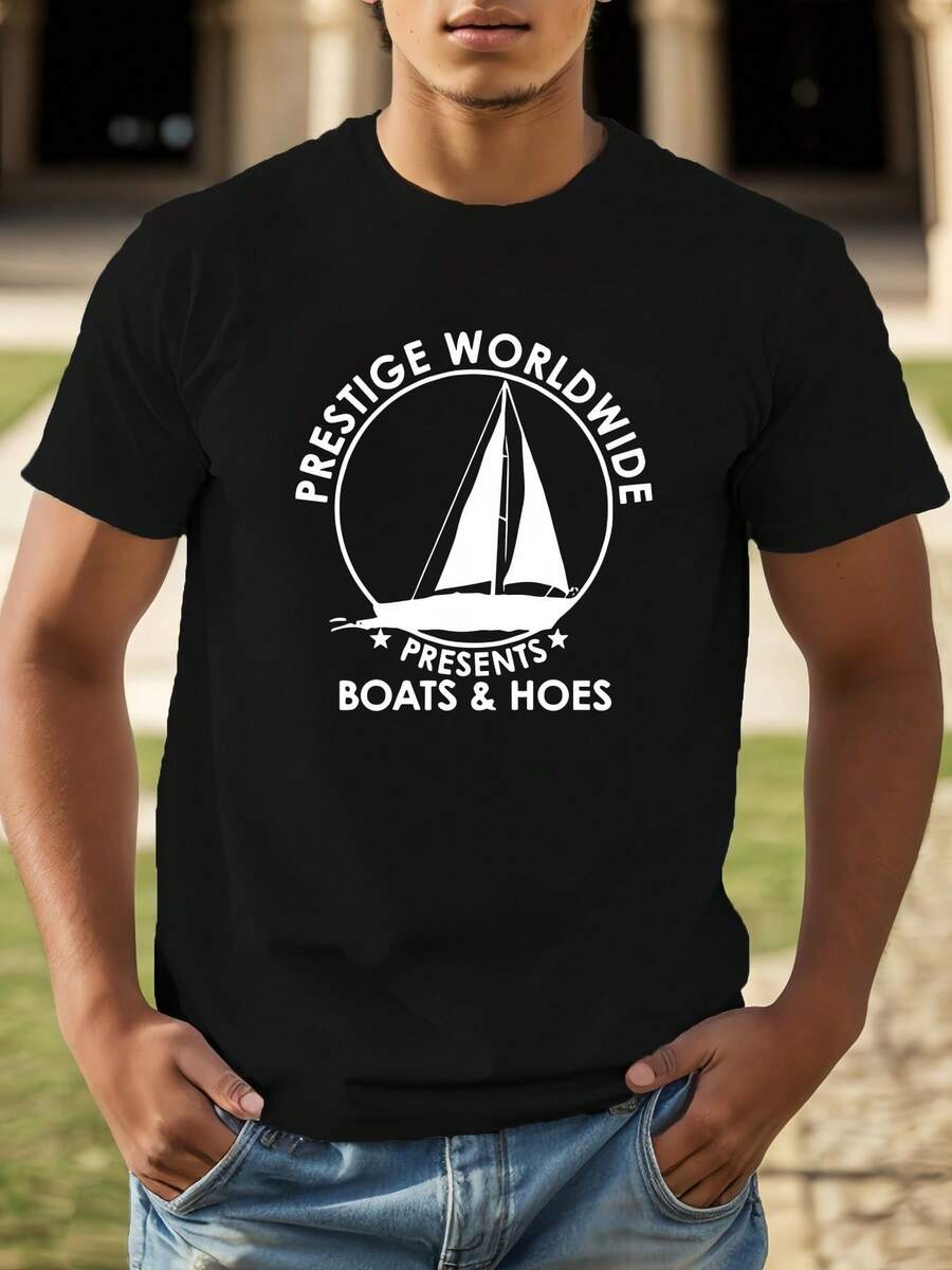 Men's T - Shirt With Sailboat Pattern And Fun Text , Men's 220gsm New Summer Casual Crew Neck Pure Cotton Short-Sleeved T-Shirt(1 PC) - 黑色 - 查看 1