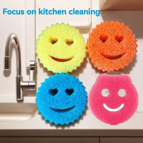 3 Packs Of Multi-Purpose Double-Layer Thermosensitive Scrubbing Sponges With Faces. Cute And Powerful Stain Remover, Double-Sided Kitchen Sponge - Thermosensitive, Non-Scratch Cleaning Pad For Dishes And More. - Multi-Surface Safe Sponge Holder For Modern Kitchen Sinks For Dish Cleaning