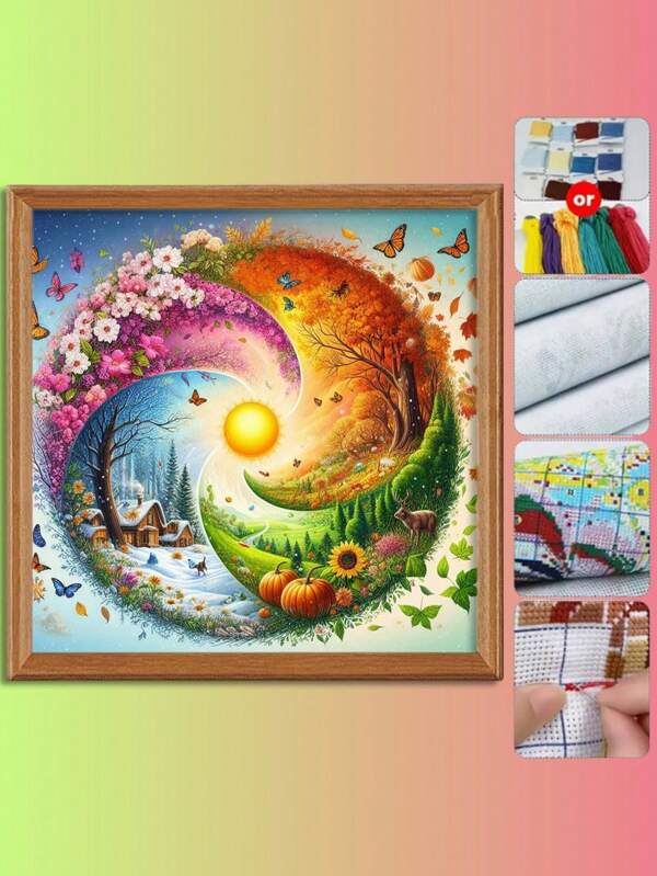 1 set Kit de peinture au point de croix sur le thème des paysages saisonniers. Fournitures d'artisanat de couture DIY, fils de coton de couleurs mélangées premium, peinture décorative en point de croix 11CT. Cadeau de détente fait main, nouvelle décoration d'intérieur tout-en-un, convient pour l'entrée, le bureau, la chambre à coucher, sans cadre.