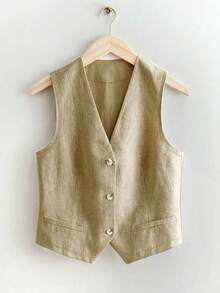 Women's Casual Linen Short Vest Jacket, For Spring/Summer Holiday - Camel - View 3