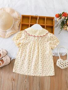 年轻女孩夏季休闲碎花泡泡袖衬衫 - 杏色 - 查看 2