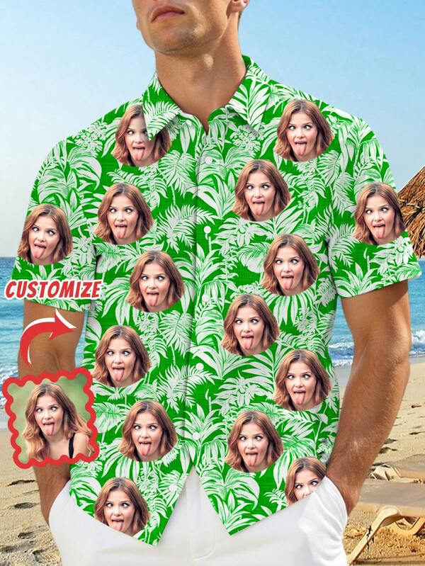 1pc Customizable Hawaiian Shirt For Men, Upload Your Own Photo To Create Fun & Unique Printed Shirt, Personalized Summer Button Down Casual Shirt For Men