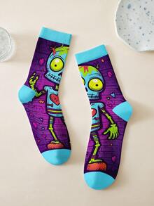 1 Pair Cute Skull Pattern Socks - Mysterious Colors, Fashionable 360 Digital Print Mid-Calf Socks, Random Prints, Avant-Garde Nordic Style, Comfortable, Casual, Everyday, Commute, Cute, Quirky Mature Charm, Elegant Niche, Sweet Cool (Electronic & Millennium Style) Novelty Performance Fabric, Underwear & Sleepwear & Socks, All Seasons - Multicolor - View 8