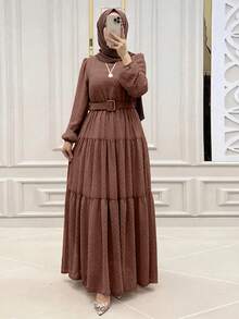 新款时尚系带长袖连衣裙，优雅休闲日常连衣裙，新年春季连衣裙 - 棕色 - 查看 2