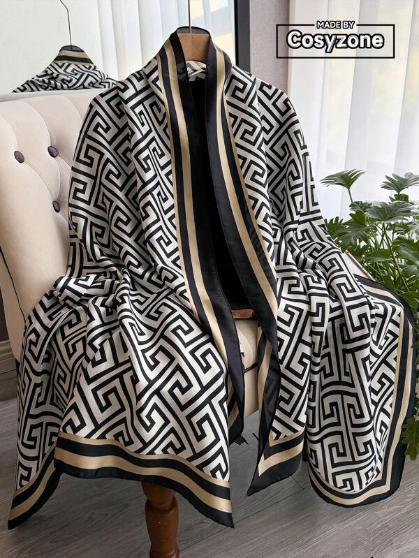 1pc Faux Silk Geometric Print Elegant Scarf, Women Fashion Versatile Beach Cover-Up, Sunshade Shawl