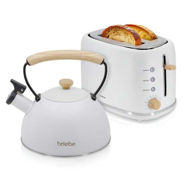 Briebe Nordic Set Toaster Brot breiter Schlitz 2 Scheiben ✅Versand 24/48 h ✅+ Teekanne 2,3L Edelstahl, Induktion , Briebe, SKT1177WHT, Weiß