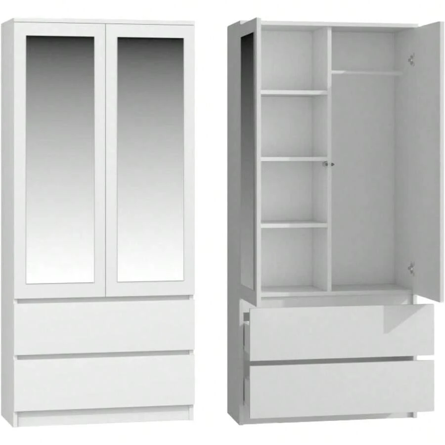 Modern Double Wardrobe With Drawers - 2 Door Cupboard Contemporary Bedroom Furniture - White - White - View 1