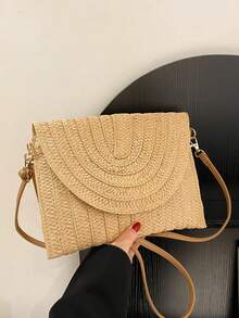1pc Straw Envelope Crossbody Bag With Magnetic Closure And Wristlet Strap, Suitable For Women's Daily Use
