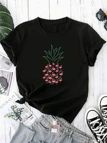 Camiseta de punto de talla grande con cuello redondo y estampado de flamencos y piñas | 95% Poliéster, 5% Elastano | Camiseta informal con estampado geométrico y ligera elasticidad para todas las estaciones - Premium 180 g Negro C - Negro - Ver 1