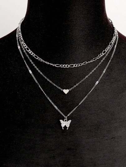 A Simple And Stylish Shiny Butterfly And Love Decorated Charm Multi-Layer Necklace For Women And Girls For Banquets, Festivals, Dates And Parties Gifts Everyday Decoration Wear