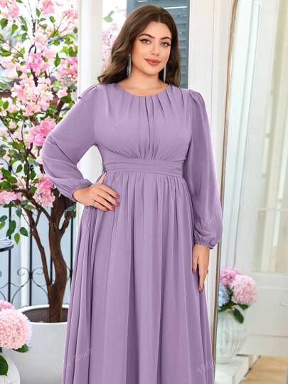 Volly Toych Vestido formal de dama de honor de gasa de longitud hasta el piso, de manga larga, escote redondo y corte evasé, en talla grande de color púrpura polvo