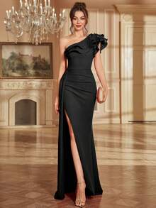 修身春夏婚礼派对宾客礼服，高开衩设计，珍珠串珠，荷叶边装饰，露背，优雅 - 黑色 - 查看 2