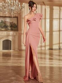 Slim Fitting High Split Beaded Backless Ruffle Hem Cocktail Party Dress For Wedding Guest, Spring/Summer, Elegant