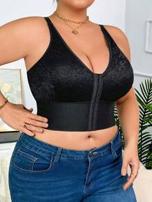 1 pieza Sujetador casual minimalista de talla grande para mujer con inserción de encaje y botón delantero, para todo el año - Negro - Ver 7