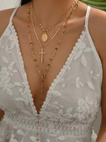 3 peças/Conjunto Colar Vintage Religioso com Pingente de Cruz de Jesus, Colar com Contas de Cristal Colorido, Joias da Moda Adequadas para Uso Diário, Rua, Fotografia, Páscoa, Corrente Ajustável Feita à Mão, Arranjo Aleatório de Cores de Cristal