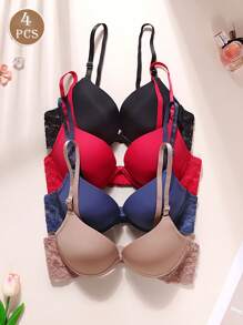 4pcs Ladies Casual-Comfortable Minimalist-Elegant French Mature Charm-Lace Splicing Wire-Free Gathering Bras