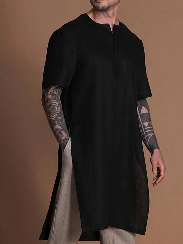 Men's Casual Long T-Shirt, Solid Color, Soft Woven Fabric, Simple & Elegant, Suitable For Outings, Outdoor Activities, Commuting, Versatile & Style Essential For Men