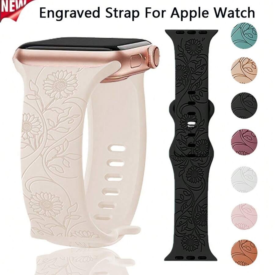 Silikon Armband mit Blumengravur kompatibel mit 44mm 42mm 41mm 40mm 45mm 49mm Series 9 8 7 SE 6 5 4, Ultra weich, langanhaltend, Modezubehör