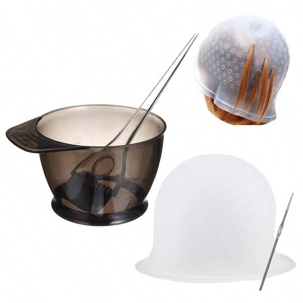 3pcs Set: Silicone Hair Dye Cap With Holes, Reusable Hair Coloring Hat With Hook For Hair Dyeing, Hairdressing And Salon Use, Including Hair Highlighting Cap, Hair Dye Brush And Tint Bowl