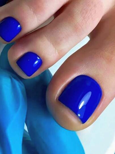 24Pcs Royal Blue Plain Tip Short Square Press On Toenails Minimalist Style Glossy Full Cover Fake Toenails For Women And Girls Nail Supplies Nails