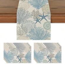 1 件/4 件/6 件亚麻桌旗/餐垫套装，桌旗配 6 个配套餐垫，夏季海洋和海星主题桌旗和餐垫套装，主题餐厅餐垫，节日厨房餐桌装饰，家庭派对装饰 - 藍色 - 查看 2