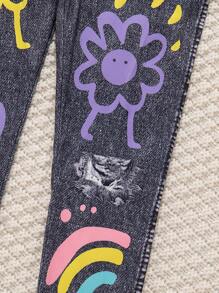 3pcs Girls Denim Effect Print Fitted Pants Set