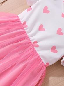 Young Girl' Heart Print Short Sleeve Valentine's Day Mesh Dress