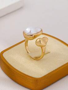 1pc Minimalist Elegant Asymmetrical Shape Pearl Ring, Jewelry For Women - Golden Yellow+White - View 5