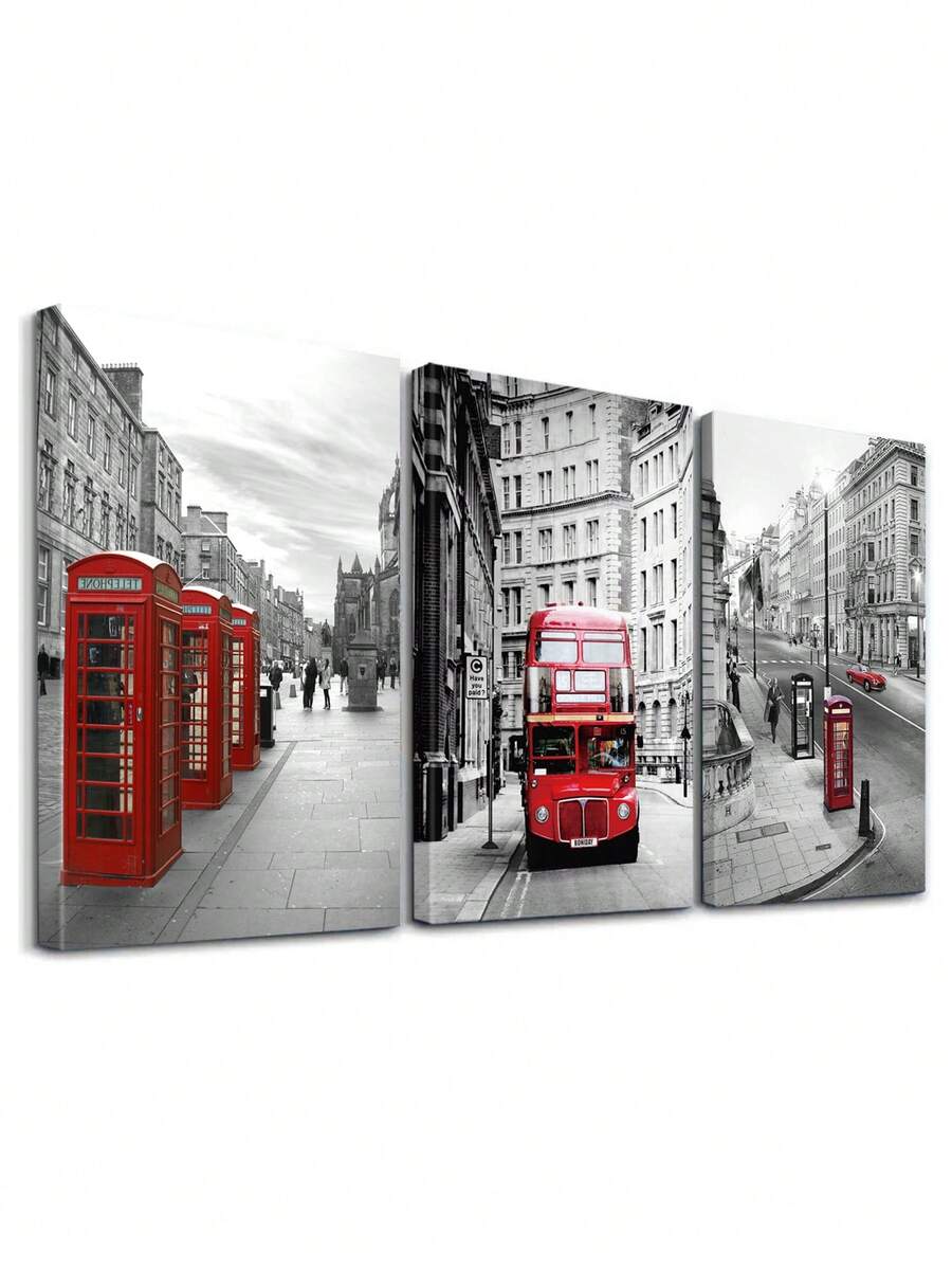 3Pcs London Wall Art Decor, Red Telephone Box Canvas Print, Double-Decker Bus Wall Art Poster, Black And White Art Prints, Urban Architecture Paintings, Historic Streets Artwork, Home Decor, Room Aesthetic, Posters, Ideal Gifts ,Wall Art With Frame - 3Pcs/Set - View 1